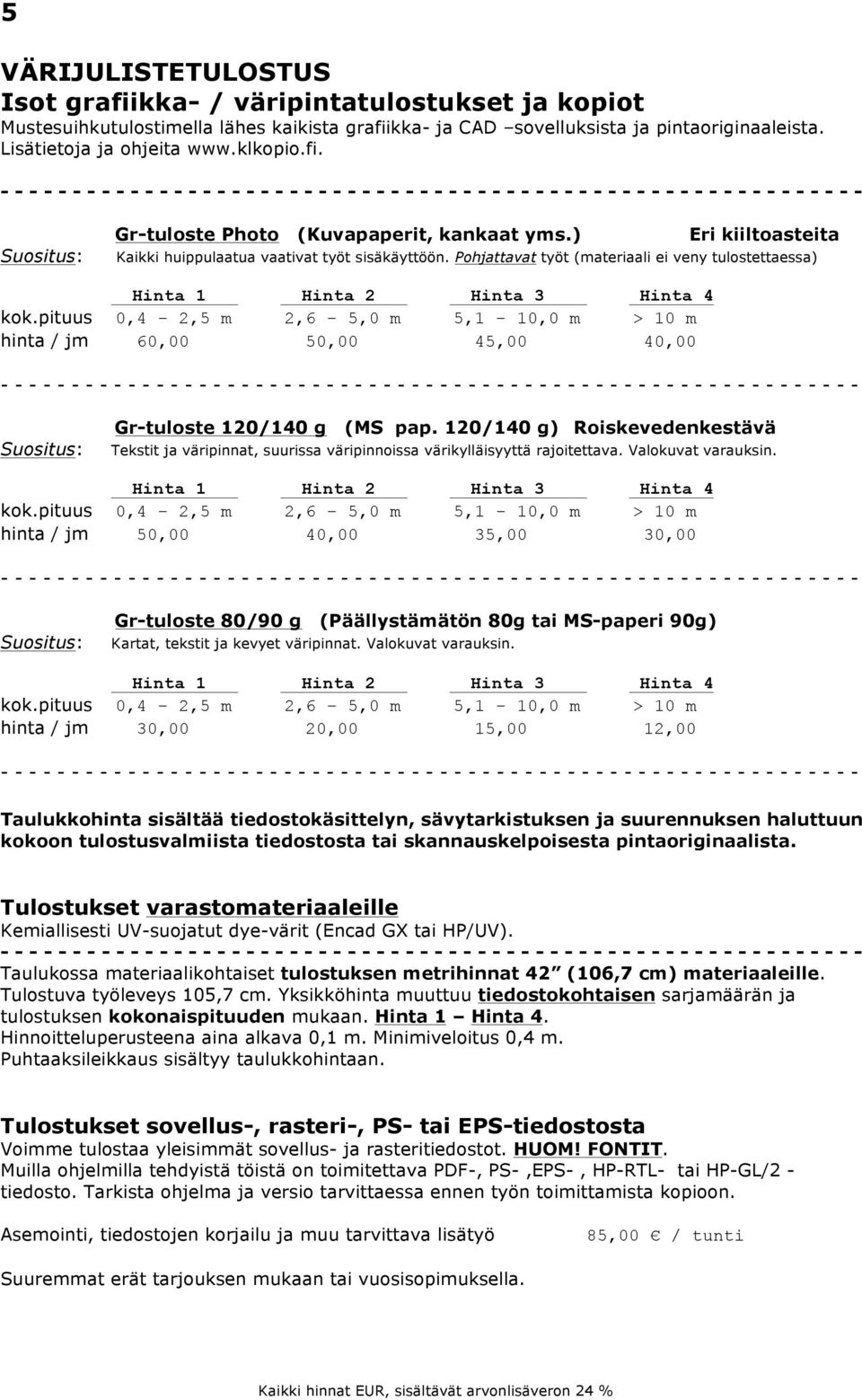 ) Eri kiiltoasteita Kaikki huippulaatua vaativat työt sisäkäyttöön. Pohjattavat työt (materiaali ei veny tulostettaessa) Hinta 1 Hinta 2 Hinta 3 Hinta 4 kok.