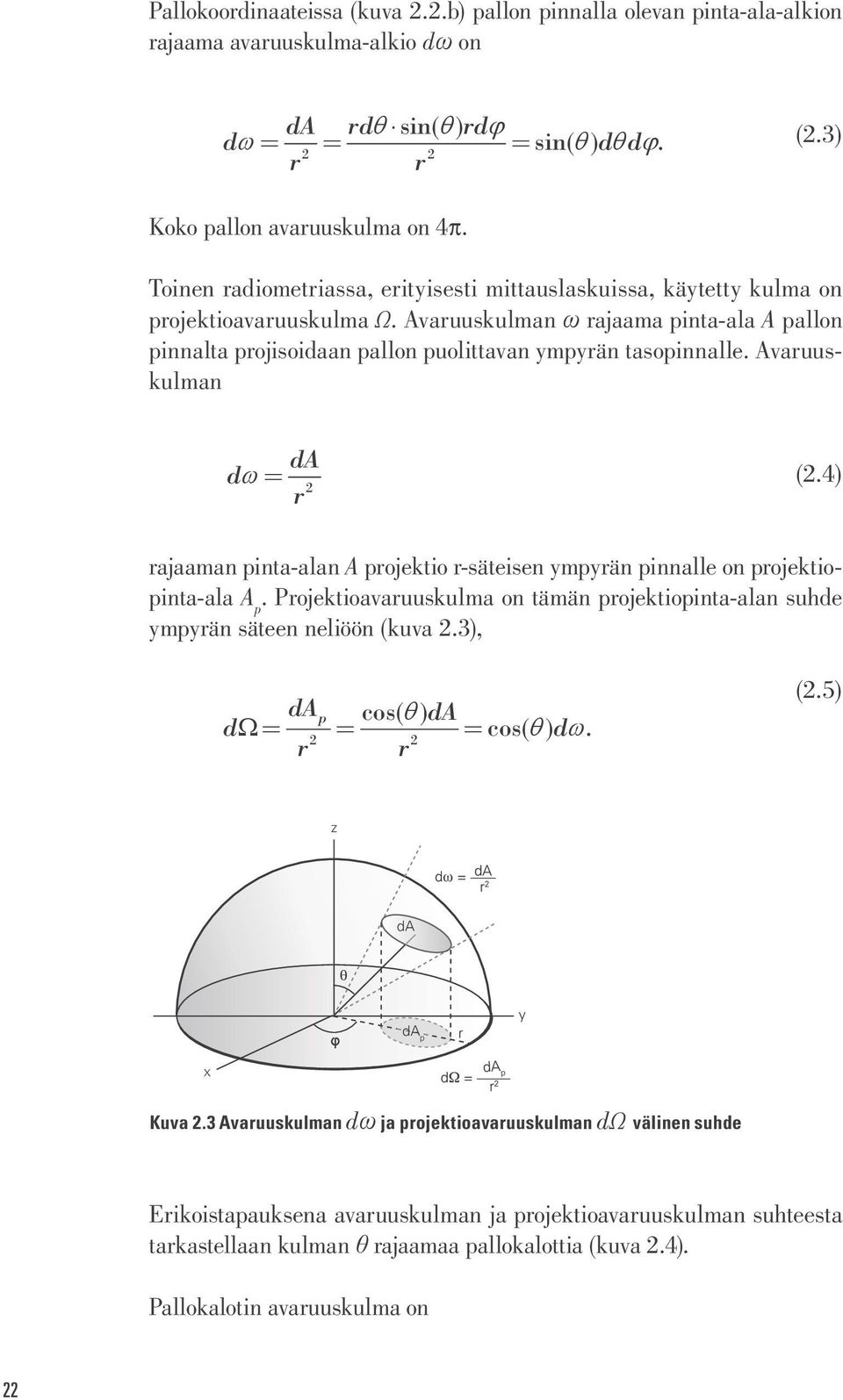 Avaruuskulman ω rajaama pinta-ala A pallon pinnalta projisoidaan pallon puolittavan ympyrän tasopinnalle. Avaruuskulman da d r (.