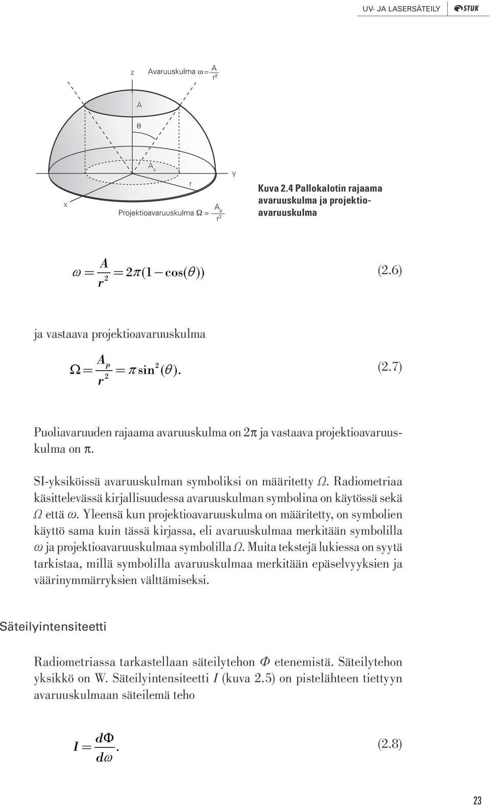 Yleensä kun projektioavaruuskulma on määritetty, on symbolien käyttö sama kuin tässä kirjassa, eli avaruuskulmaa merkitään symbolilla ω ja projektioavaruuskulmaa symbolilla Ω.