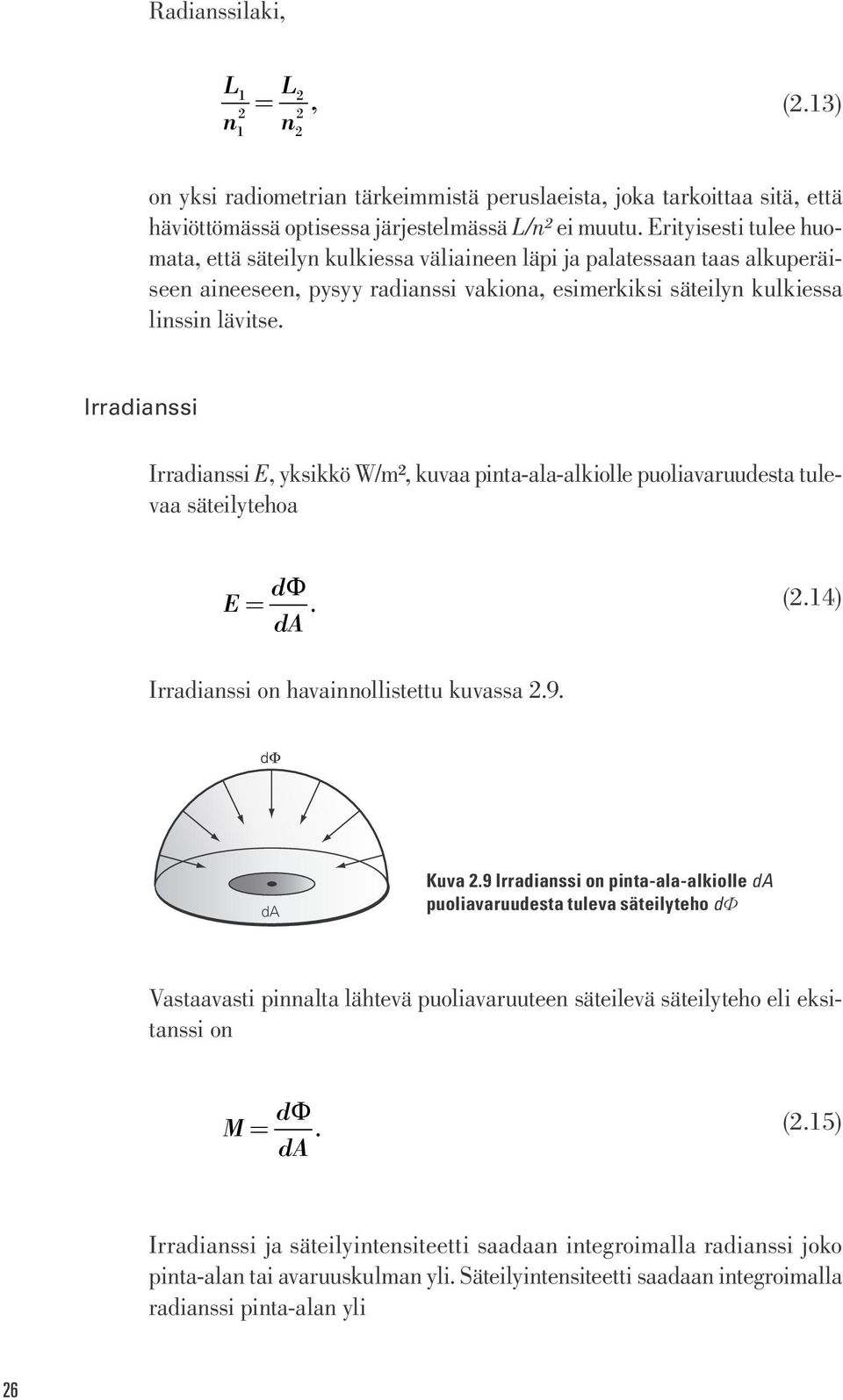 Irradianssi Irradianssi E, yksikkö W/m², kuvaa pinta-ala-alkiolle puoliavaruudesta tulevaa säteilytehoa d E. da (.14) Irradianssi on havainnollistettu kuvassa.9. da Kuva.