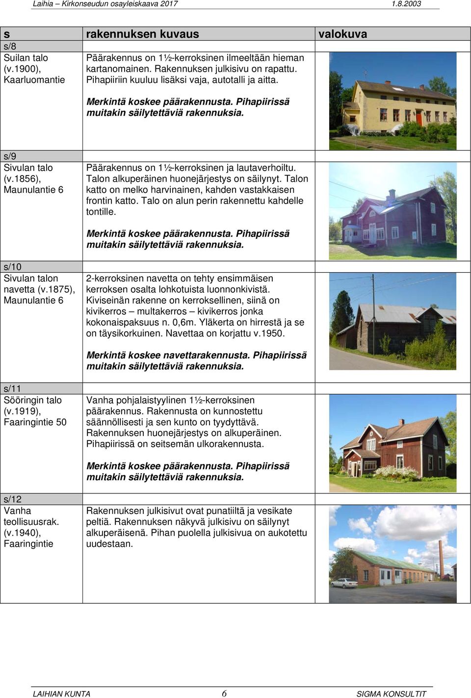 1856), Maunulantie 6 Päärakennus on 1½-kerroksinen ja lautaverhoiltu. Talon alkuperäinen huonejärjestys on säilynyt. Talon katto on melko harvinainen, kahden vastakkaisen frontin katto.