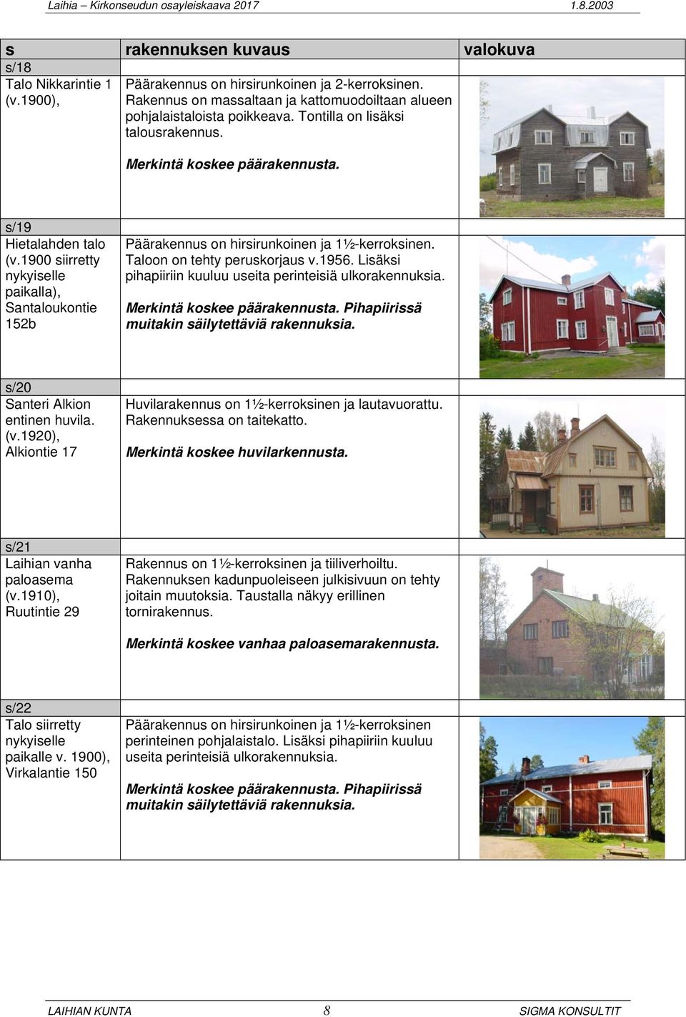 1900 siirretty nykyiselle plla), Santaloukontie 152b Päärakennus on hirsirunkoinen ja 1½-kerroksinen. Taloon on tehty peruskorjaus v.1956.