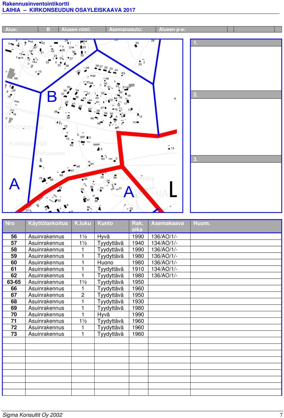 136/AO/1/- 60 Asuinrakennus 1 Huono 1980 136/AO/1/- 61 Asuinrakennus 1 Tyydyttävä 1910 134/AO/1/- 62 Asuinrakennus 1 Tyydyttävä 1980 136/AO/1/- 63-65 Asuinrakennus 1½ Tyydyttävä 1950 66
