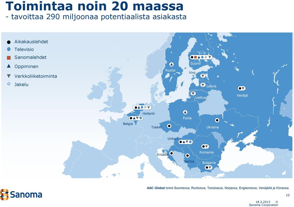 Venäjä Belgia Hollanti Tsekki Puola Ukraina Unkari Kroatia Romania Serbia Bulgaria AAC Global