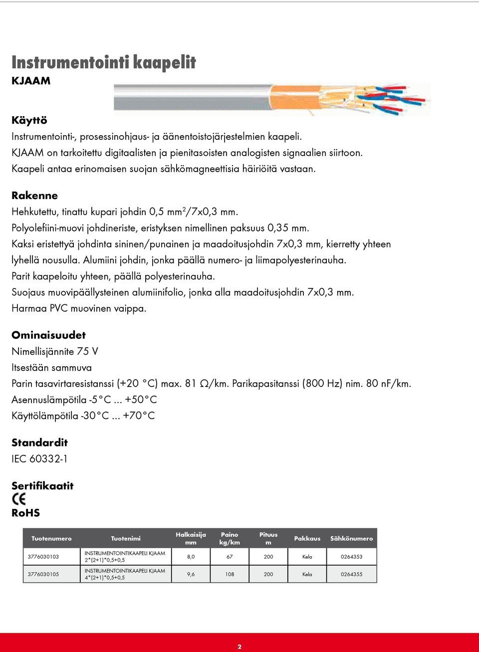 Kaksi eristettyä johdinta sininen/punainen ja aadoitusjohdin 7x0,3, kierretty yhteen lyhellä nousulla. Aluiini johdin, jonka päällä nuero- ja liiapolyesterinauha.