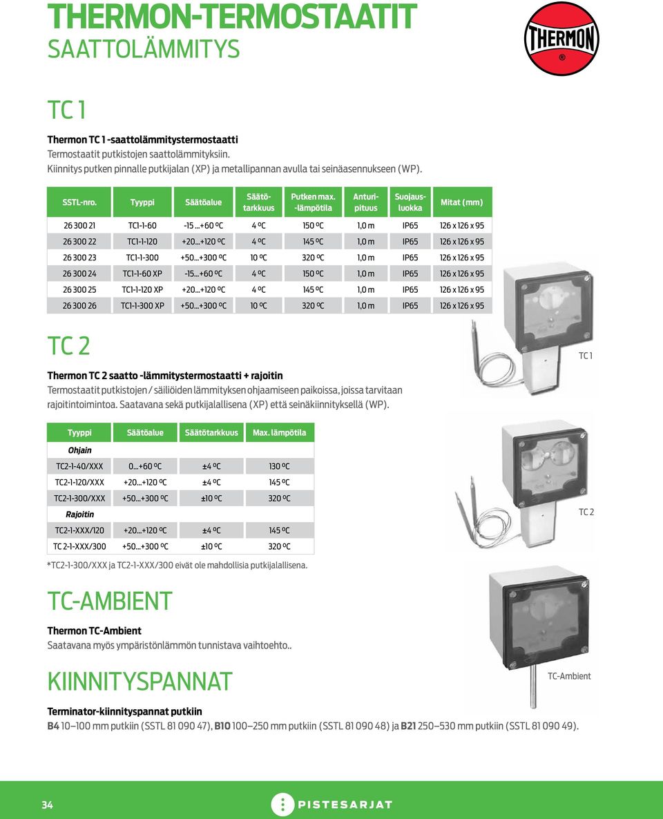 -lämpötila Anturipituus Suojausluokka Mitat (mm) 26 300 21 TC1-1-60-15 +60 C 4 C 150 C 1,0 m IP65 126 x 126 x 95 26 300 22 TC1-1-120 +20 +120 C 4 C 145 C 1,0 m IP65 126 x 126 x 95 26 300 23 TC1-1-300