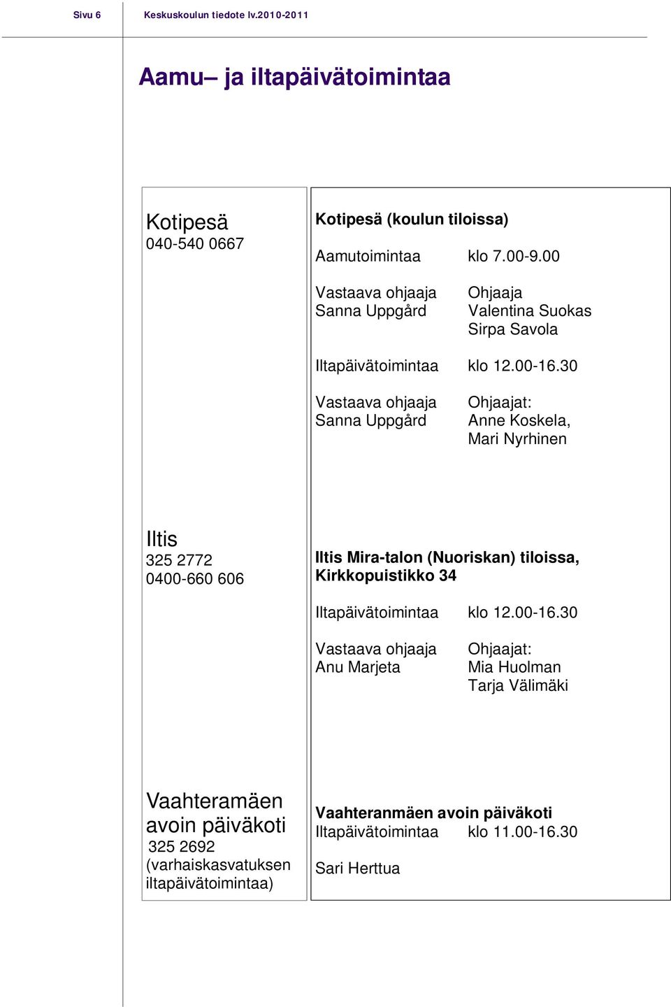 30 Vastaava ohjaaja Sanna Uppgård Ohjaajat: Anne Koskela, Mari Nyrhinen Iltis 325 2772 0400-660 606 Iltis Mira-talon (Nuoriskan) tiloissa, Kirkkopuistikko 34