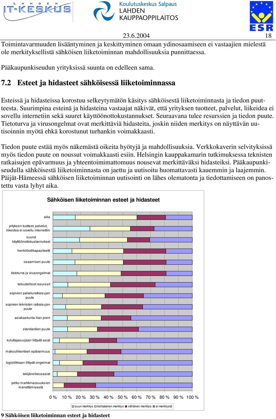 2 Esteet ja hidasteet sähköisessä liiketoiminnassa Esteissä ja hidasteissa korostuu selkeytymätön käsitys sähköisestä liiketoiminnasta ja tiedon puutteesta.
