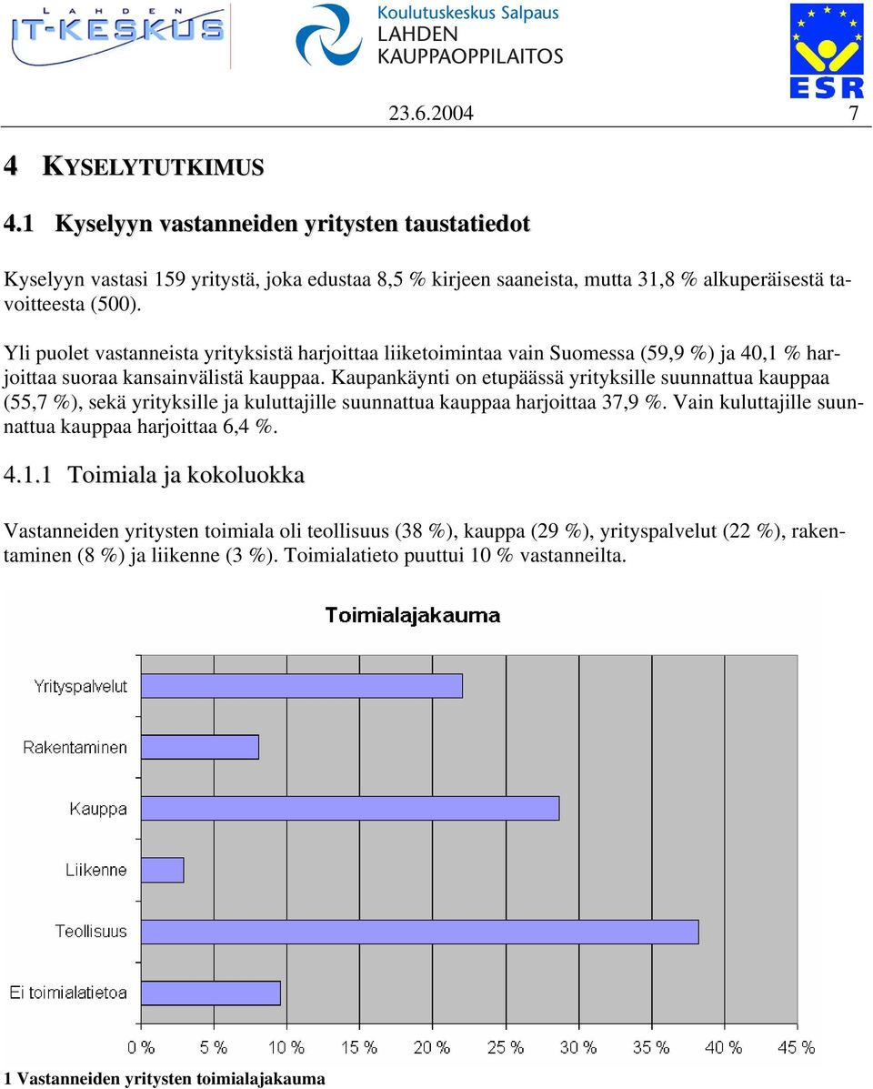 Yli puolet vastanneista yrityksistä harjoittaa liiketoimintaa vain Suomessa (59,9 %) ja 40,1 % harjoittaa suoraa kansainvälistä kauppaa.