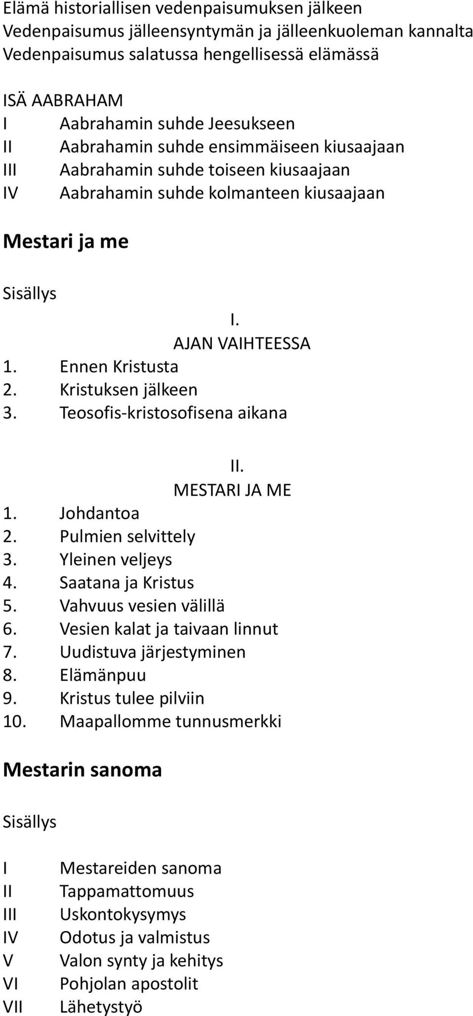 Teosofis-kristosofisena aikana II. MESTARI JA ME 1. Johdantoa 2. Pulmien selvittely 3. Yleinen veljeys 4. Saatana ja Kristus 5. Vahvuus vesien välillä 6. Vesien kalat ja taivaan linnut 7.