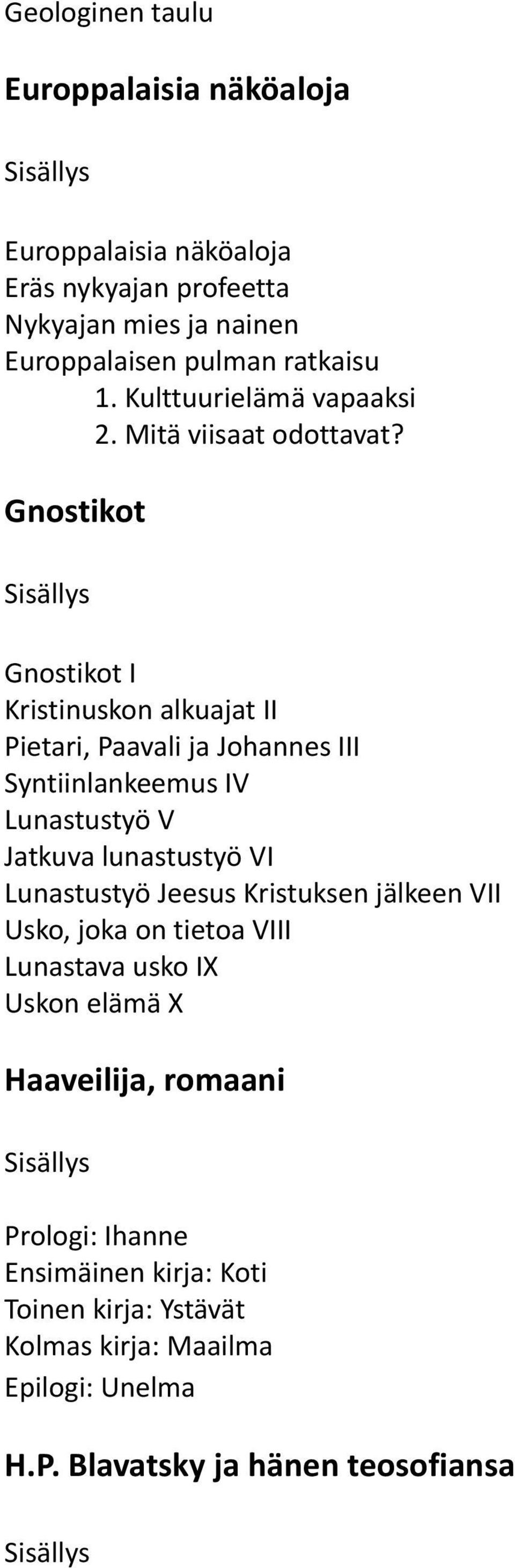 Gnostikot Gnostikot I Kristinuskon alkuajat II Pietari, Paavali ja Johannes III Syntiinlankeemus IV Lunastustyö V Jatkuva lunastustyö VI