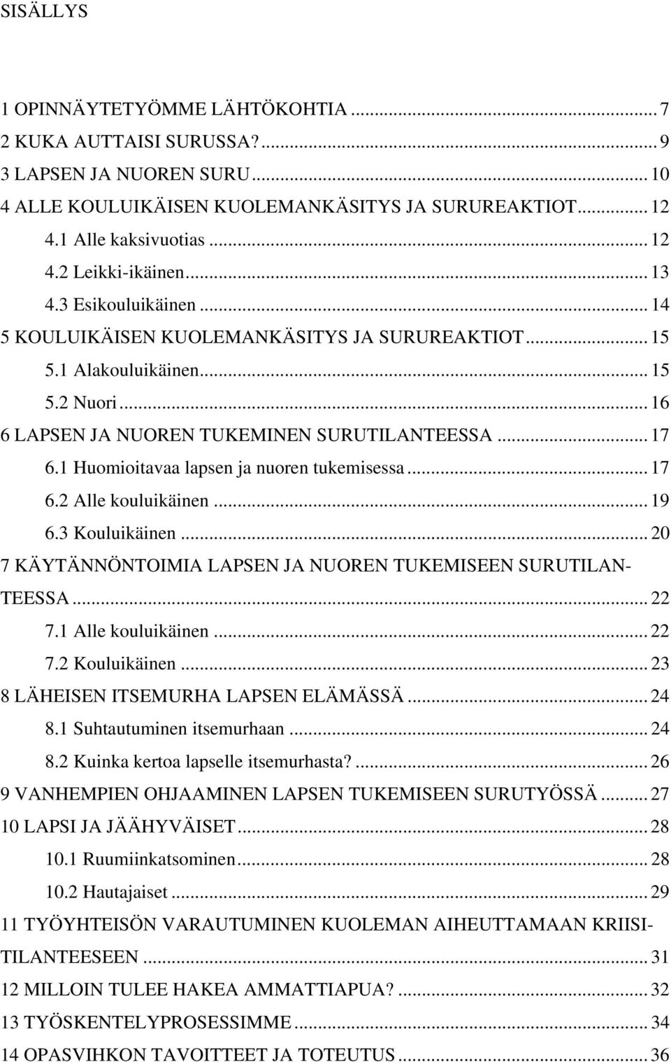 1 Huomioitavaa lapsen ja nuoren tukemisessa... 17 6.2 Alle kouluikäinen... 19 6.3 Kouluikäinen... 20 7 KÄYTÄNNÖNTOIMIA LAPSEN JA NUOREN TUKEMISEEN SURUTILAN- TEESSA... 22 7.1 Alle kouluikäinen... 22 7.2 Kouluikäinen.