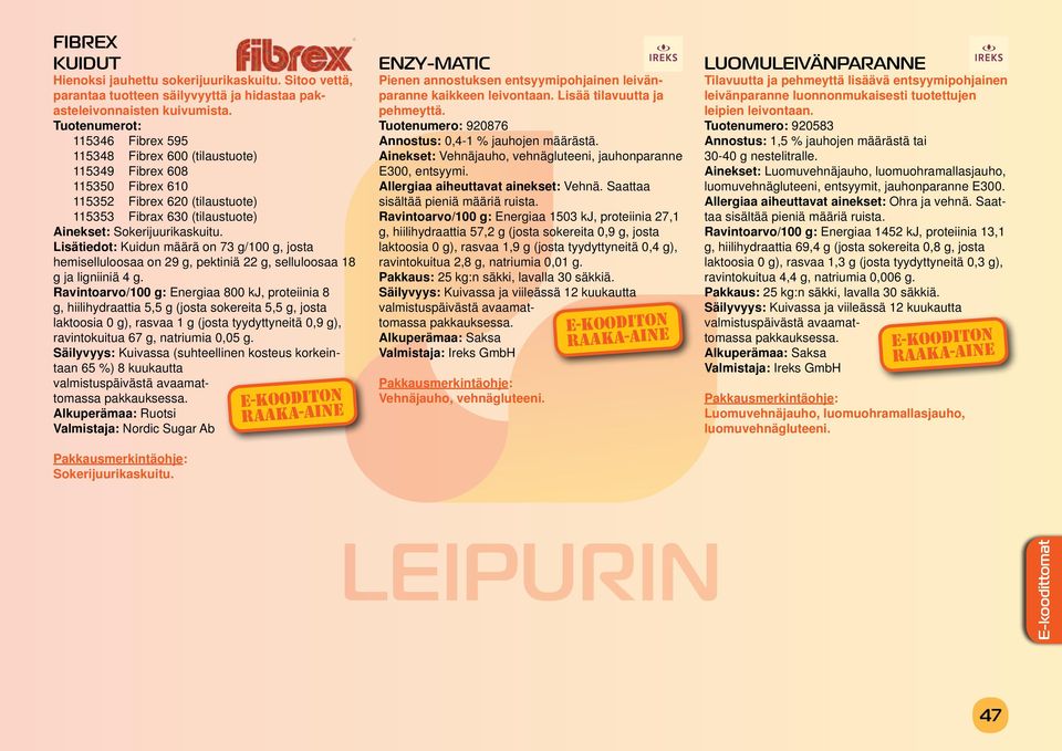 Lisätiedot: Kuidun määrä on 73 g/100 g, josta hemiselluloosaa on 29 g, pektiniä 22 g, selluloosaa 18 g ja ligniiniä 4 g.