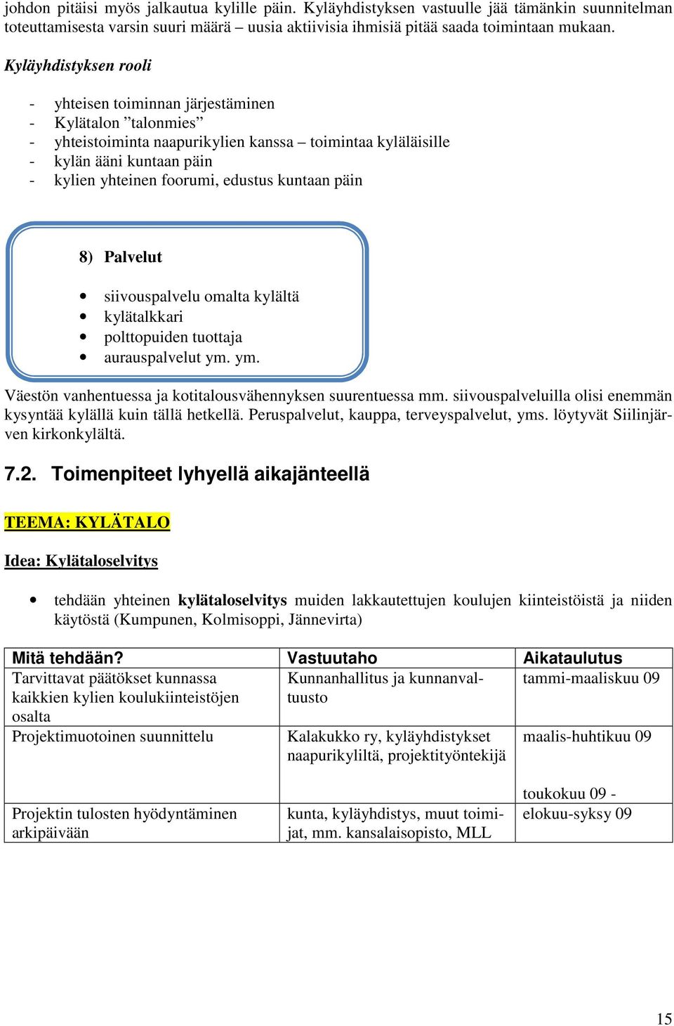 edustus kuntaan päin 8) Palvelut siivouspalvelu omalta kylältä kylätalkkari polttopuiden tuottaja aurauspalvelut ym. ym. Väestön vanhentuessa ja kotitalousvähennyksen suurentuessa mm.