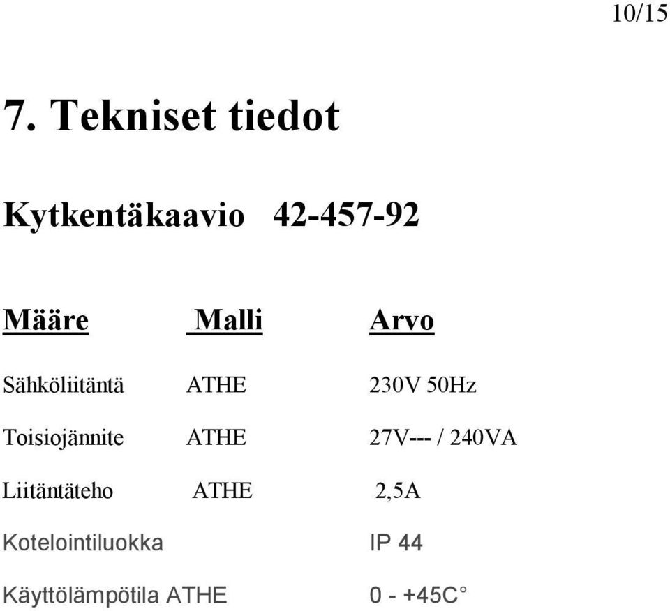 Malli Arvo Sähköliitäntä ATHE 230V 50Hz