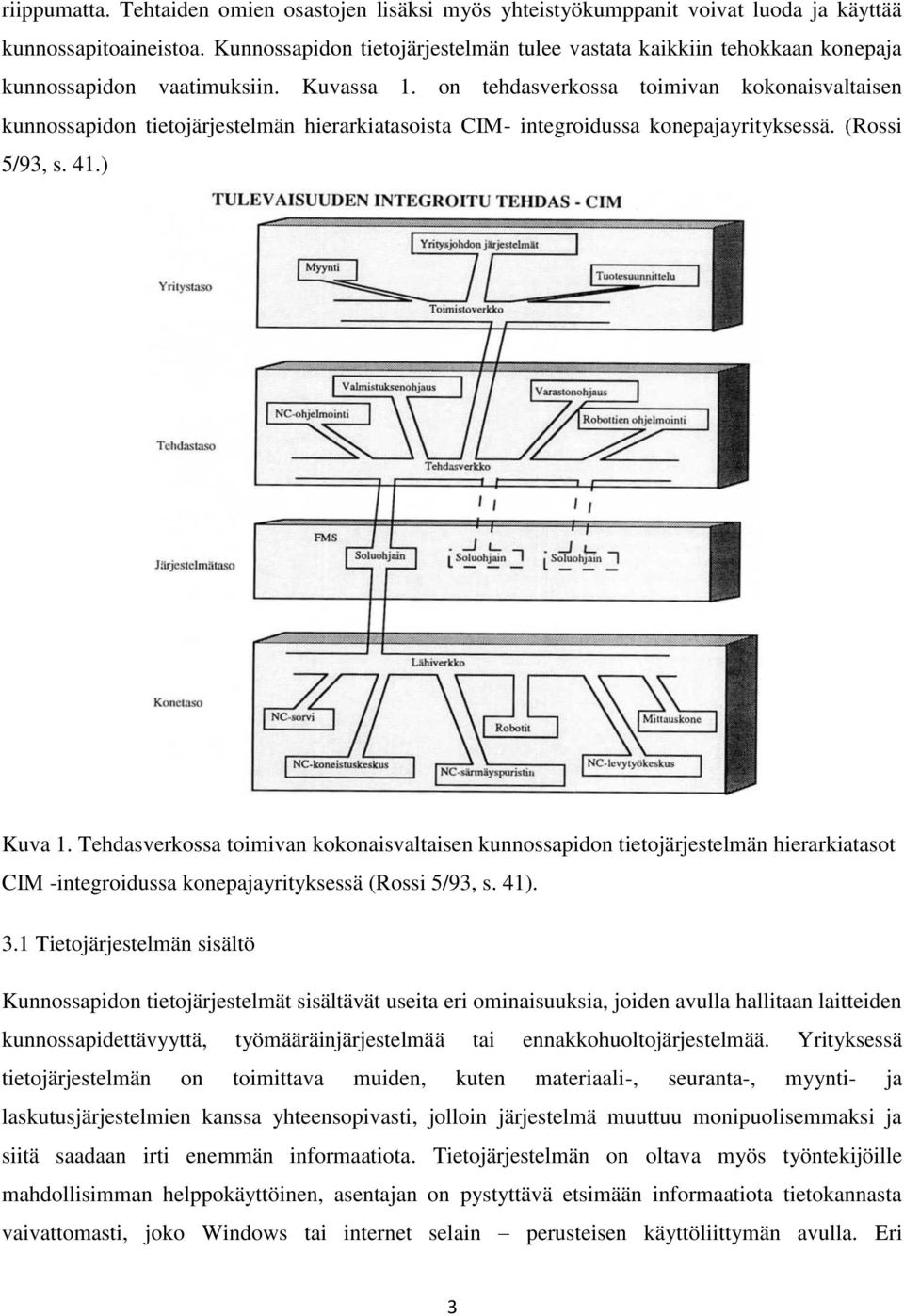 on tehdasverkossa toimivan kokonaisvaltaisen kunnossapidon tietojärjestelmän hierarkiatasoista CIM- integroidussa konepajayrityksessä. (Rossi 5/93, s. 41.) Kuva 1.