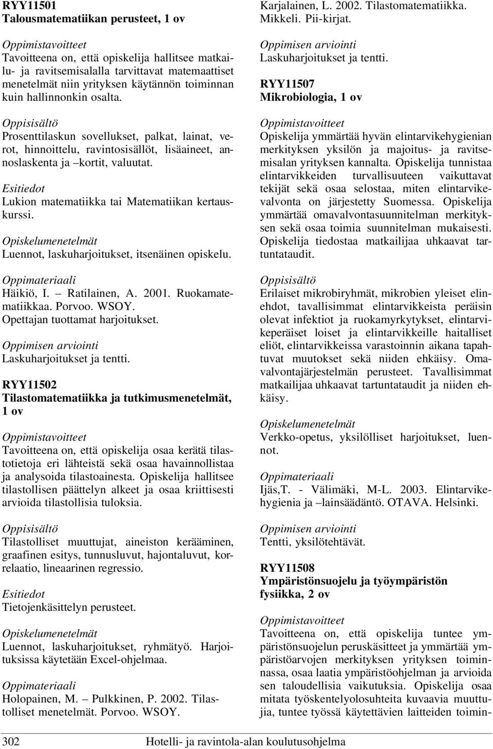 Lukion matematiikka tai Matematiikan kertauskurssi. Luennot, laskuharjoitukset, itsenäinen opiskelu. Häikiö, I. Ratilainen, A. 2001. Ruokamatematiikkaa. Porvoo. WSOY. Opettajan tuottamat harjoitukset.