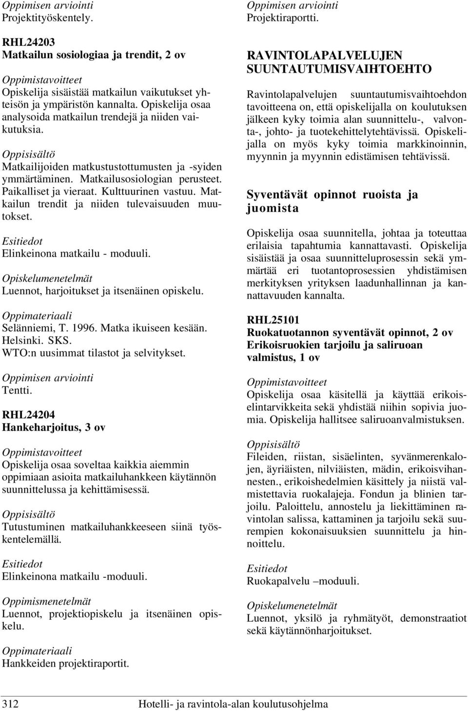 Kulttuurinen vastuu. Matkailun trendit ja niiden tulevaisuuden muutokset. Elinkeinona matkailu - moduuli. Luennot, harjoitukset ja itsenäinen opiskelu. Selänniemi, T. 1996. Matka ikuiseen kesään.