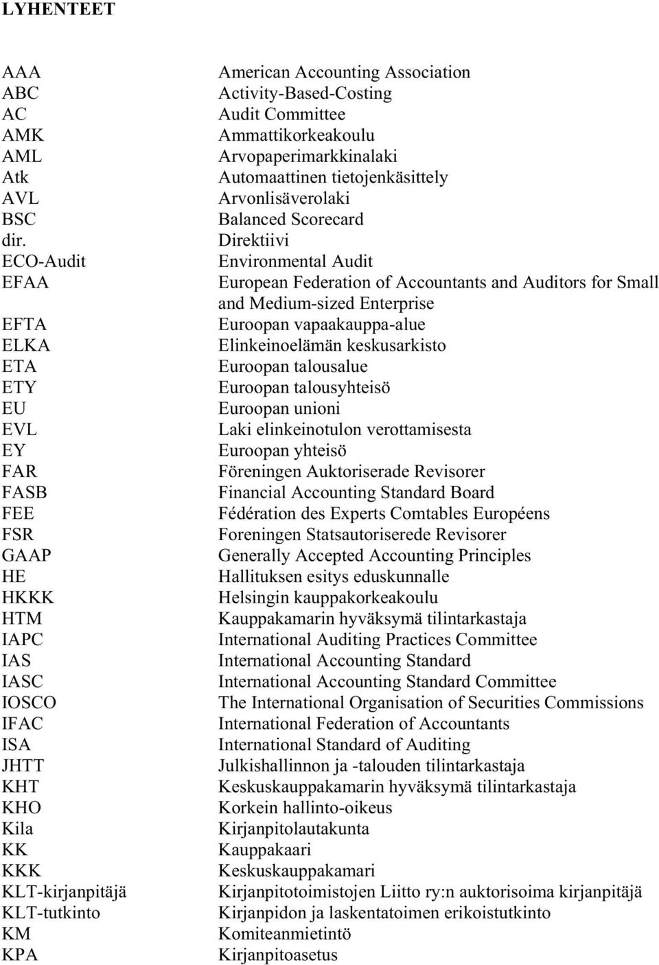 Activity-Based-Costing Audit Committee Ammattikorkeakoulu Arvopaperimarkkinalaki Automaattinen tietojenkäsittely Arvonlisäverolaki Balanced Scorecard Direktiivi Environmental Audit European