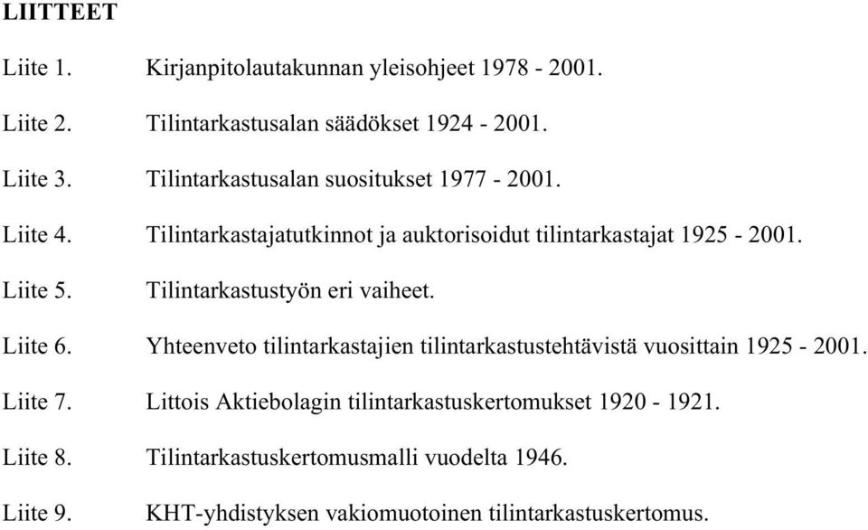 Tilintarkastustyön eri vaiheet. Liite 6. Yhteenveto tilintarkastajien tilintarkastustehtävistä vuosittain 1925-2001. Liite 7.