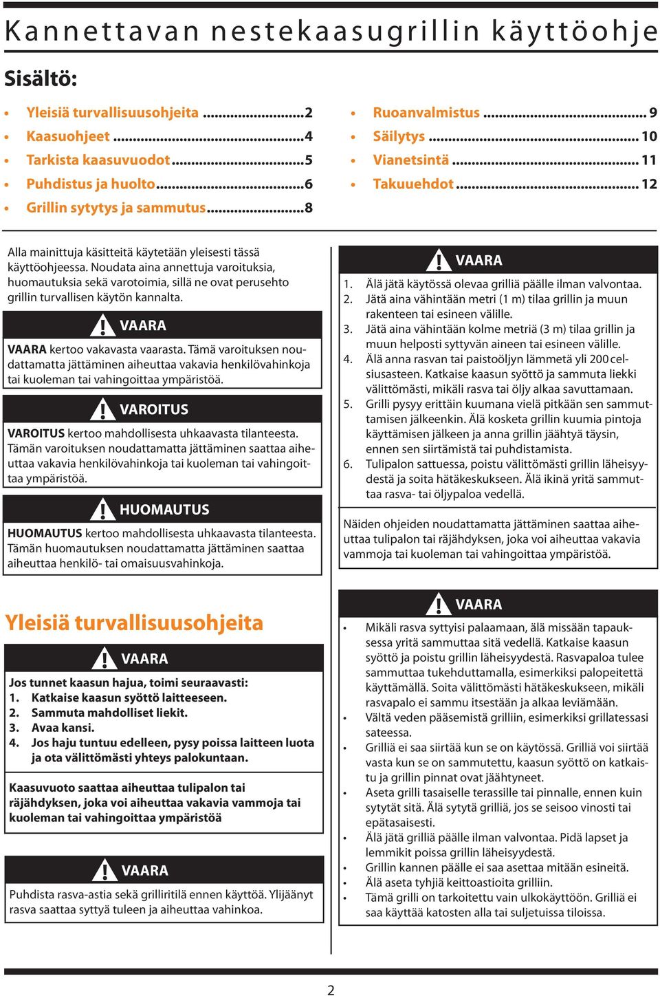 Noudata aina annettuja varoituksia, huomautuksia sekä varotoimia, sillä ne ovat perusehto grillin turvallisen käytön kannalta. VAARA kertoo vakavasta vaarasta.