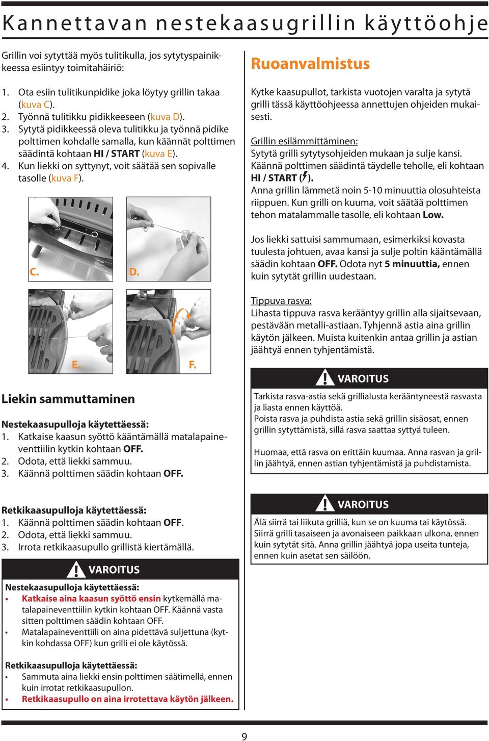 Kun liekki on syttynyt, voit säätää sen sopivalle tasolle (kuva F). C. D. E. F. Liekin sammuttaminen Nestekaasupulloja käytettäessä: 1.