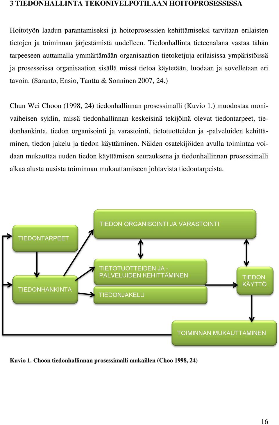 ja sovelletaan eri tavoin. (Saranto, Ensio, Tanttu & Sonninen 2007, 24.) Chun Wei Choon (1998, 24) tiedonhallinnan prosessimalli (Kuvio 1.