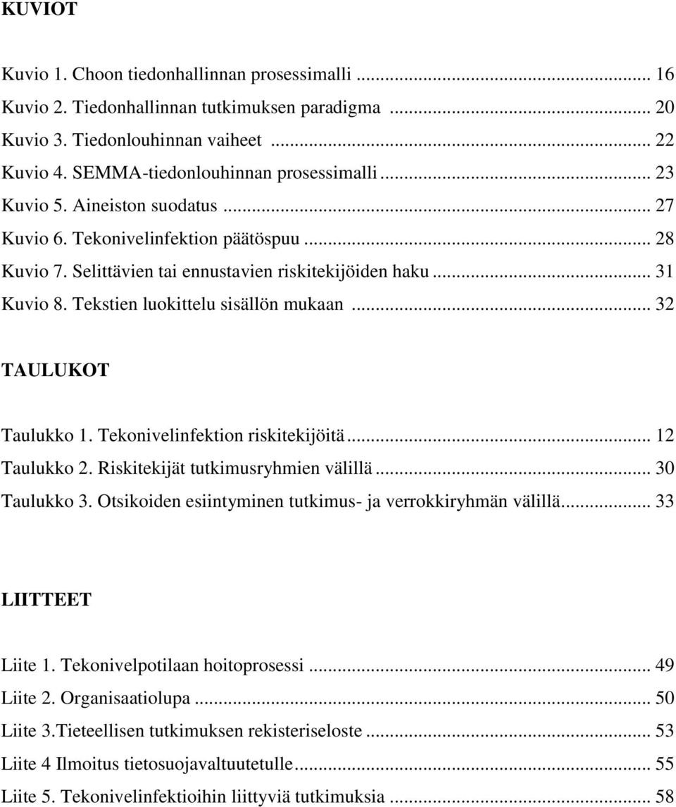 .. 32 TAULUKOT Taulukko 1. Tekonivelinfektion riskitekijöitä... 12 Taulukko 2. Riskitekijät tutkimusryhmien välillä... 30 Taulukko 3. Otsikoiden esiintyminen tutkimus- ja verrokkiryhmän välillä.