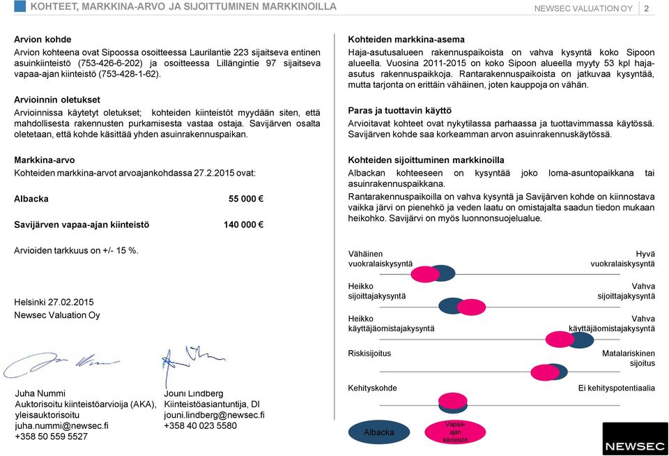 Arvioinnin oletukset Arvioinnissa käytetyt oletukset; kohteiden kiinteistöt myydään siten, että mahdollisesta rakennusten purkamisesta vastaa ostaja.