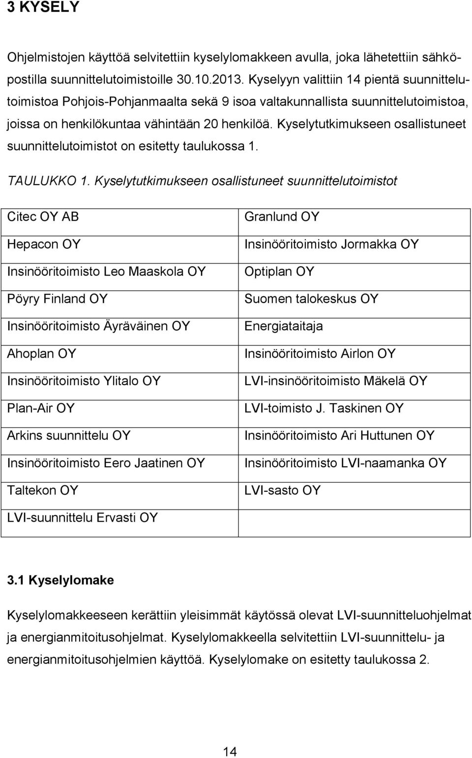 Kyselytutkimukseen osallistuneet suunnittelutoimistot on esitetty taulukossa 1. TAULUKKO 1.