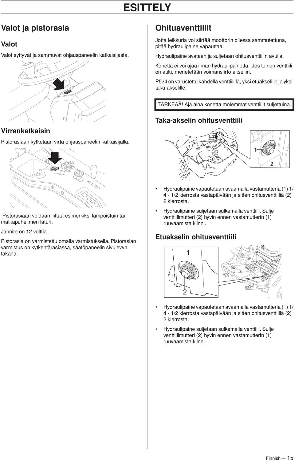 P524 on varustettu kahdella venttiilillä, yksi etuakselille ja yksi taka-akselille. TÄRKEÄÄ Aja aina konetta molemmat venttiilit suljettuina.