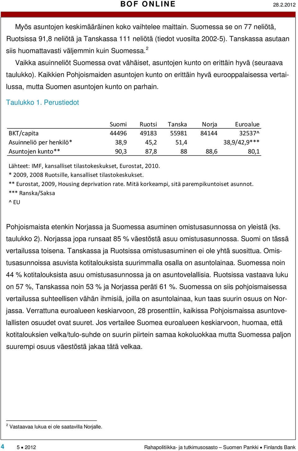 Kaikkien Pohjoismaiden asuntojen kunto on erittäin hyvä eurooppalaisessa vertailussa, mutta Suomen asuntojen kunto on parhain. Taulukko 1.