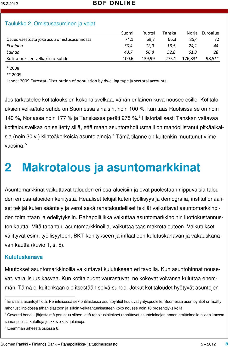 Kotitalouksien velka/tulo-suhde 100,6 139,99 275,1 176,83* 98,5** * 2008 ** 2009 Lähde: 2009 Eurostat, Distribution of population by dwelling type ja sectoral accounts.