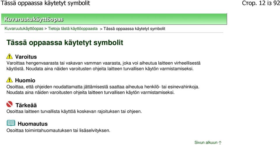 vamman vaarasta, joka voi aiheutua laitteen virheellisestä käytöstä. Noudata aina näiden varoitusten ohjeita laitteen turvallisen käytön varmistamiseksi.