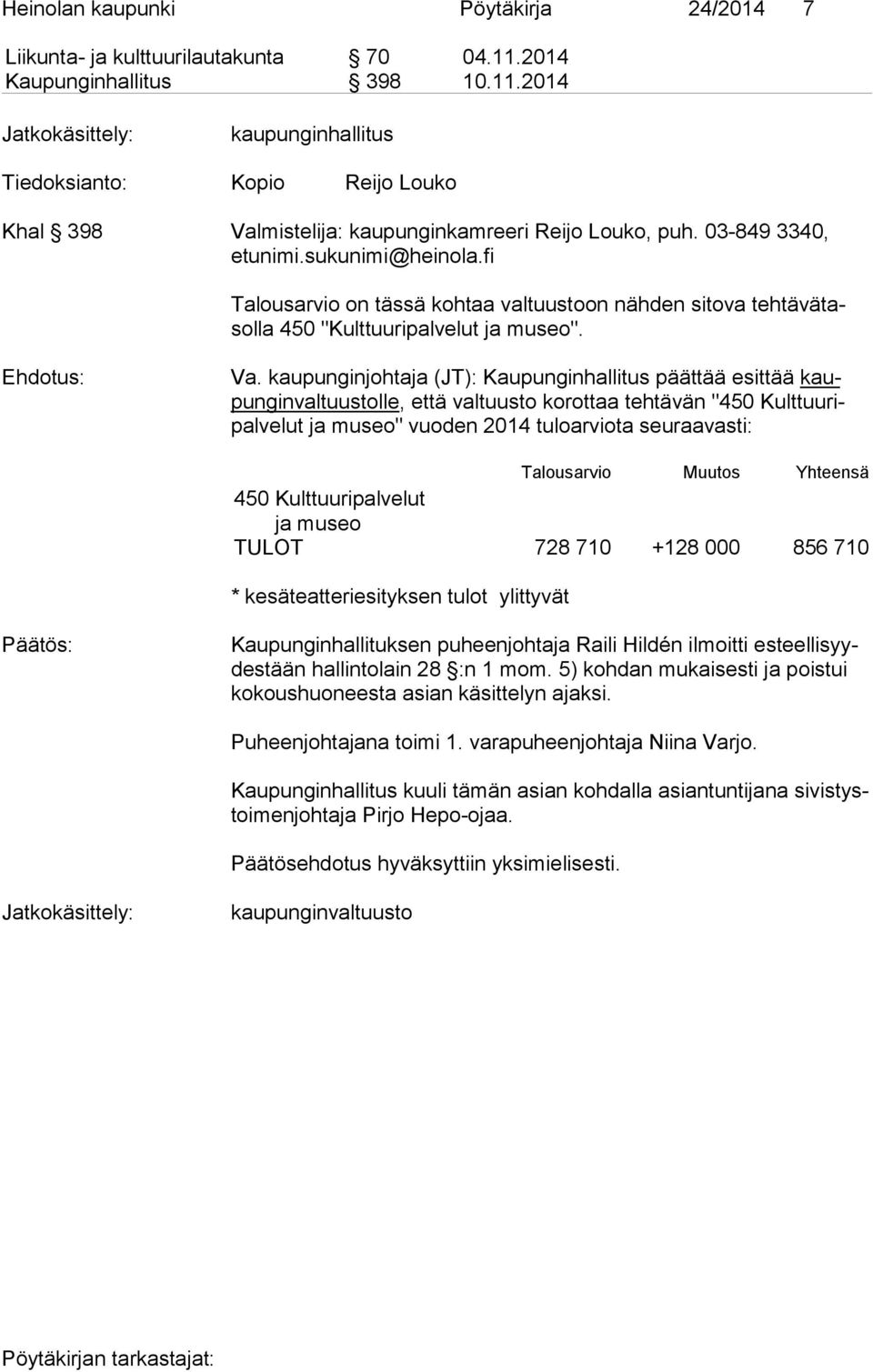 sukunimi@heinola.fi Talousarvio on tässä kohtaa valtuustoon nähden sitova teh tä vä tasol la 450 "Kulttuuripalvelut ja museo". Va.