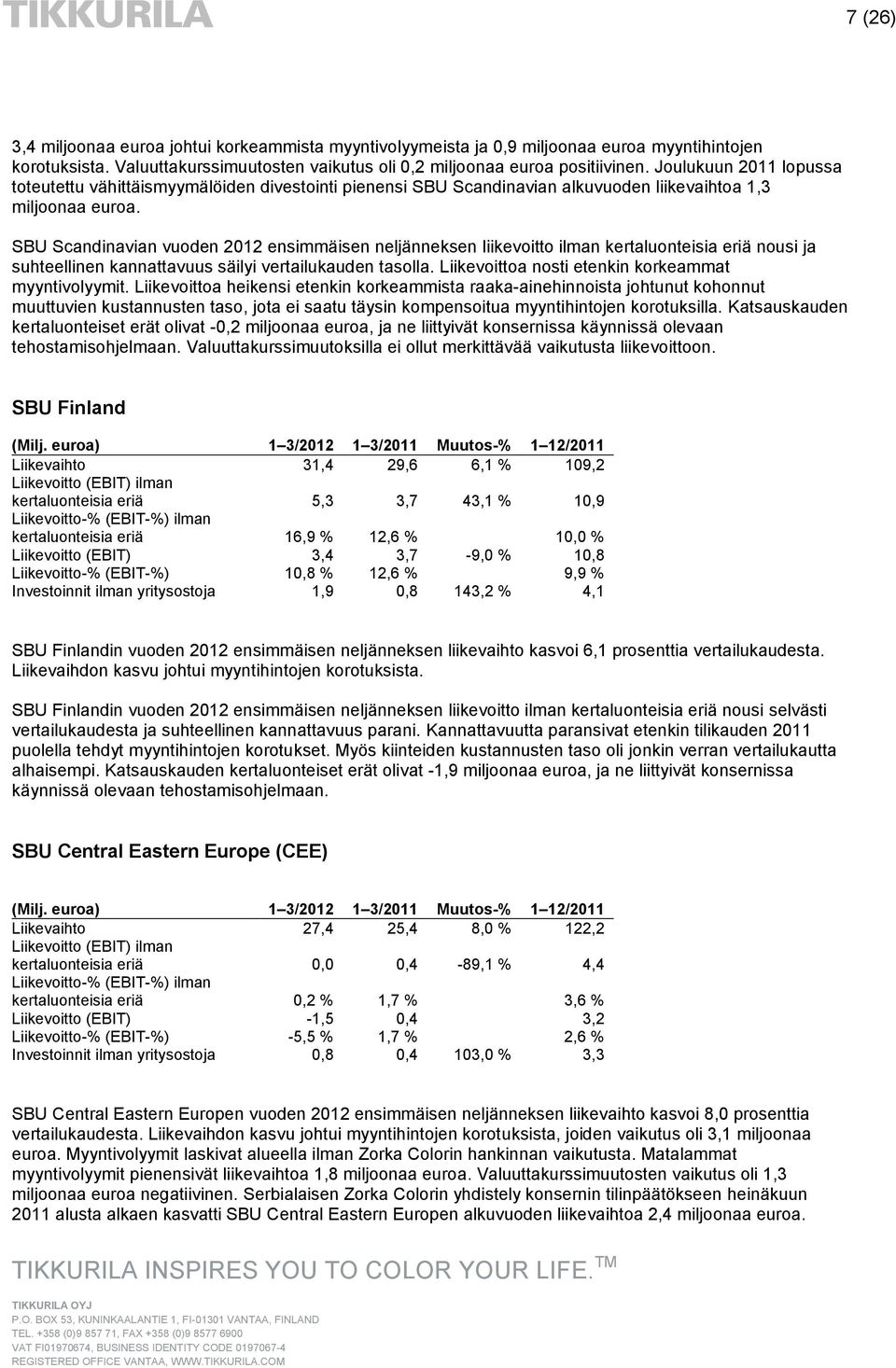 SBU Scandinavian vuoden 2012 ensimmäisen neljänneksen liikevoitto ilman kertaluonteisia eriä nousi ja suhteellinen kannattavuus säilyi vertailukauden tasolla.