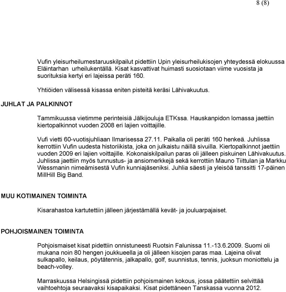 Tammikuussa vietimme perinteisiä Jälkijouluja ETKssa. Hauskanpidon lomassa jaettiin kiertopalkinnot vuoden 2008 eri lajien voittajille. Vufi vietti 60-vuotisjuhliaan Ilmarisessa 27.11.