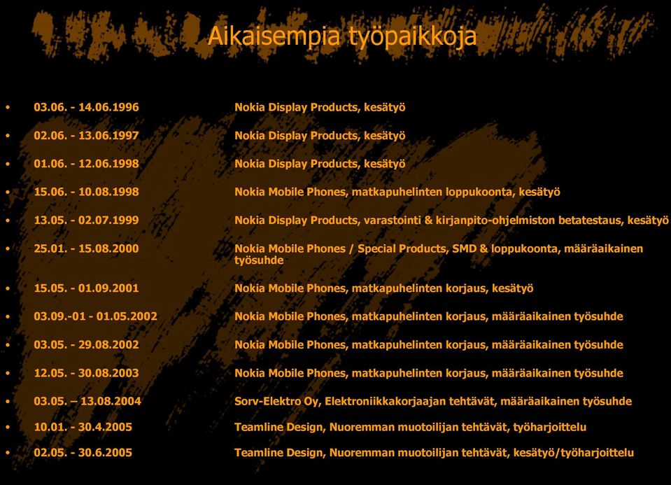 2000 Nokia Mobile Phones / Special Products, SMD & loppukoonta, määräaikainen työsuhde 15.05. - 01.09.2001 Nokia Mobile Phones, matkapuhelinten korjaus, kesätyö 03.09.-01-01.05.2002 Nokia Mobile Phones, matkapuhelinten korjaus, määräaikainen työsuhde 03.