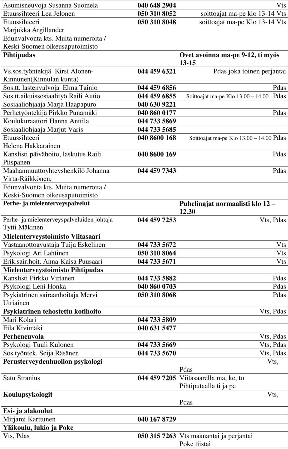 tt. lastenvalvoja Elma Tainio 044 459 6856 Sos.tt.aikuissosiaalityö Raili Autio 044 459 6855 Soittoajat ma-pe Klo 13.00 14.