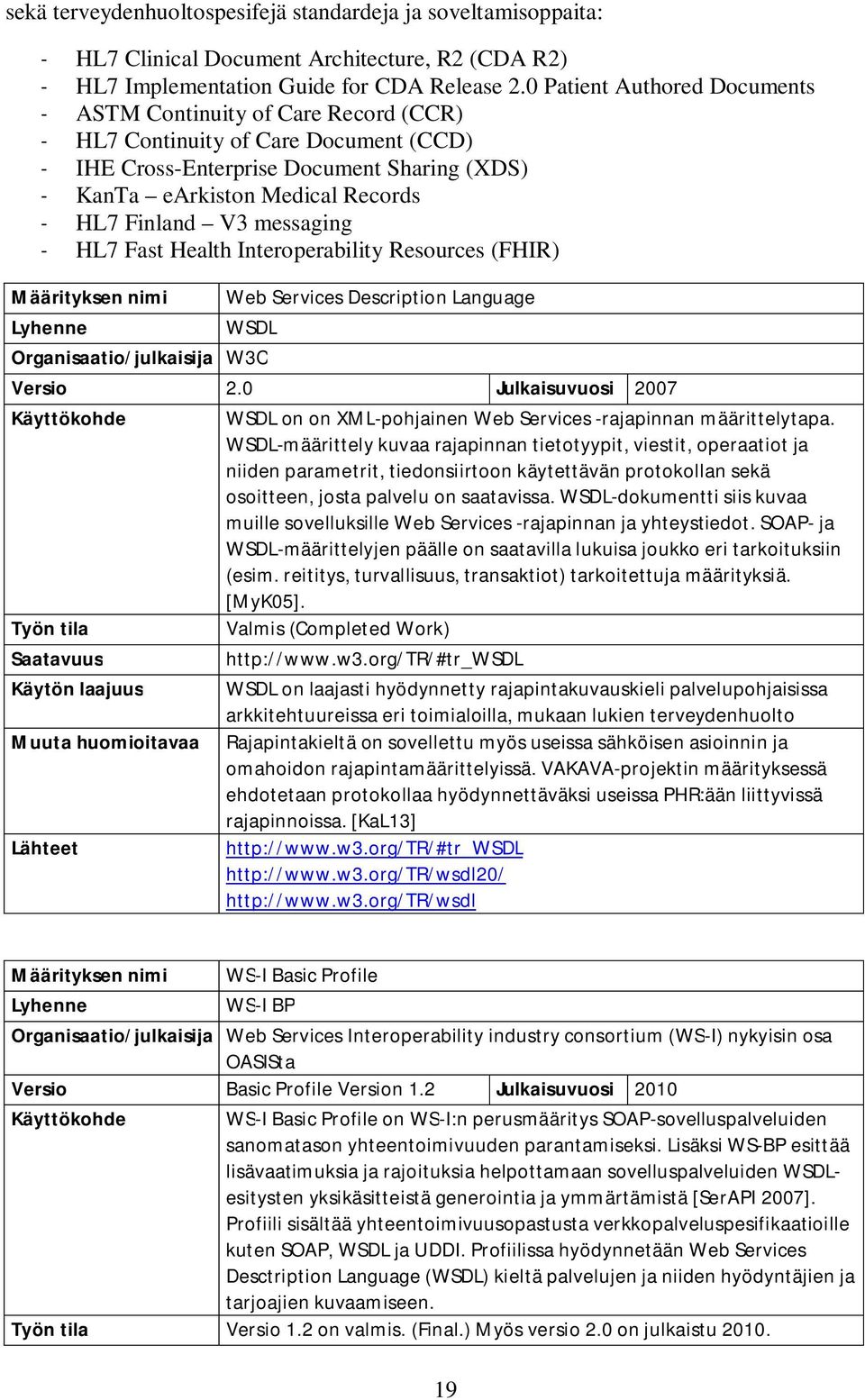 V3 messaging - HL7 Fast Health Interoperability Resources (FHIR) Määrityksen nimi Web Services Description Language WSDL Organisaatio/julkaisija W3C Versio 2.