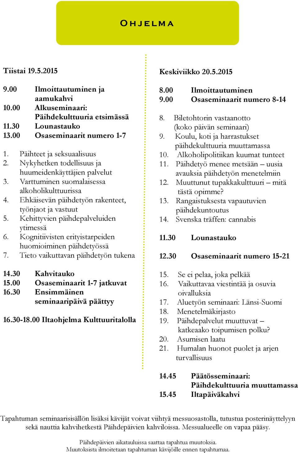 Kehittyvien päihdepalveluiden ytimessä 6. Kognitiivisten erityistarpeiden huomioiminen päihdetyössä 7. Tieto vaikuttavan päihdetyön tukena 14.30 Kahvitauko 15.00 Osaseminaarit 1-7 jatkuvat 16.