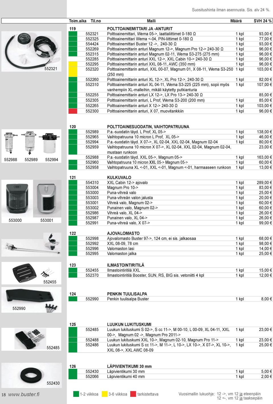 96,00 552315 Polttoainemittarin anturi Magnum 02-11, Wema S3-275 (275 mm) 1 kpl 96,00 552285 Polttoainemittarin anturi XXL 12->, XXL Cabin 10-> 240-30 Ω 1 kpl 96,00 552295 Polttoainemittarin anturi