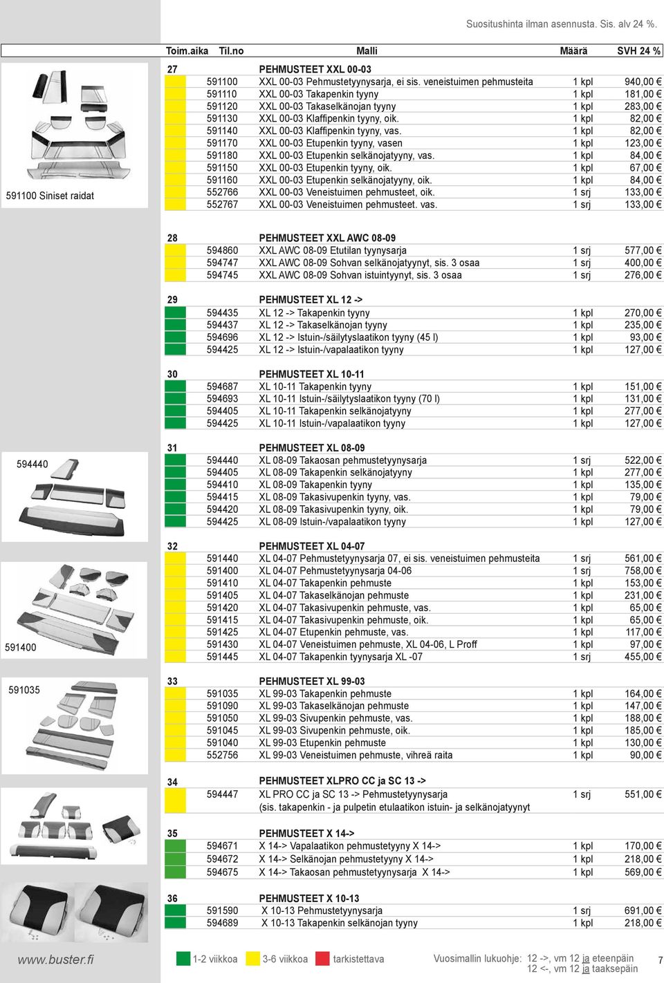 1 kpl 82,00 591170 XXL 00-03 Etupenkin tyyny, vasen 1 kpl 123,00 591180 XXL 00-03 Etupenkin selkänojatyyny, vas 1 kpl 84,00 591150 XXL 00-03 Etupenkin tyyny, oik 1 kpl 67,00 591160 XXL 00-03