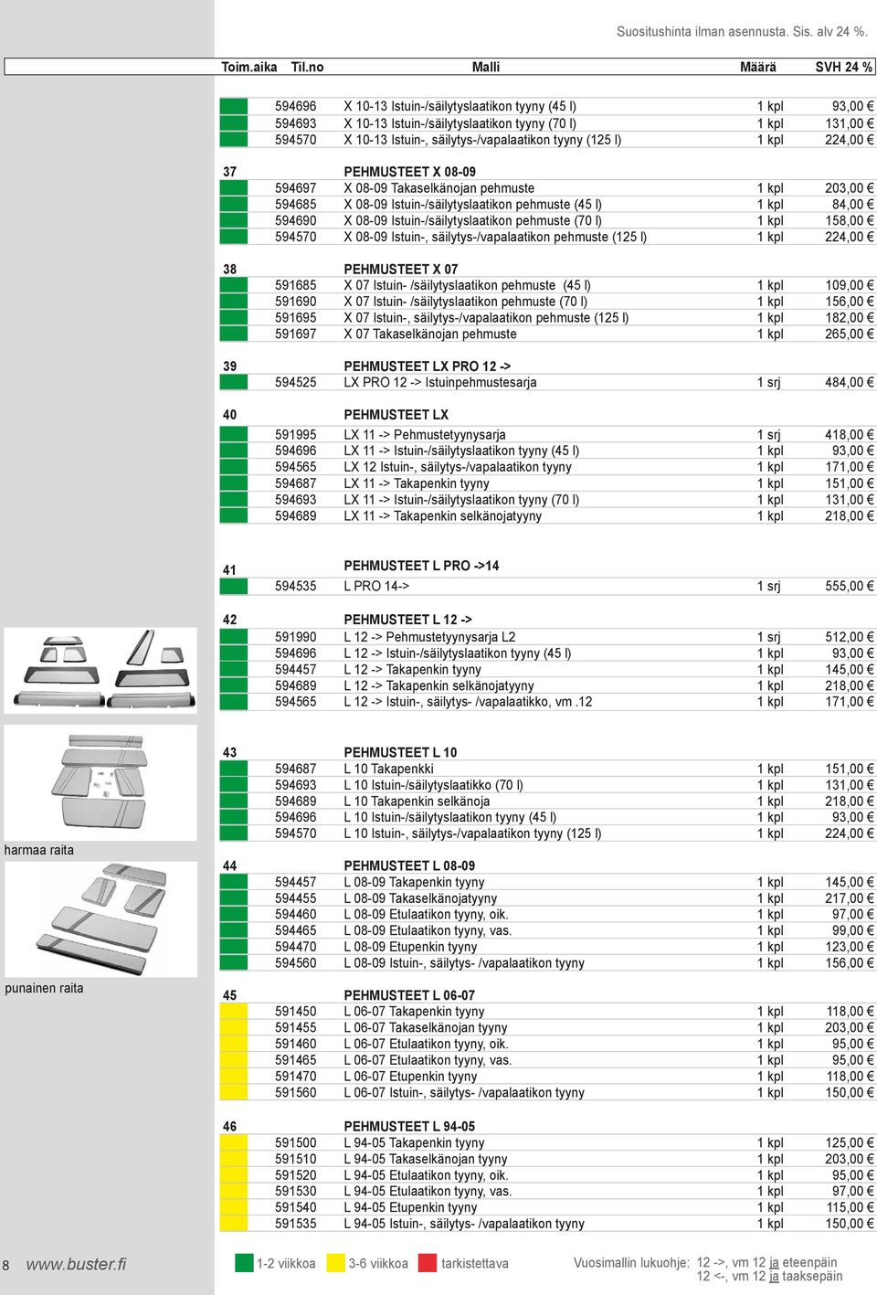 pehmuste (45 l) 1 kpl 84,00 594690 X 08-09 Istuin-/säilytyslaatikon pehmuste (70 l) 1 kpl 158,00 594570 X 08-09 Istuin-, säilytys-/vapalaatikon pehmuste (125 l) 1 kpl 224,00 38 PEHMUSTEET X 07 591685