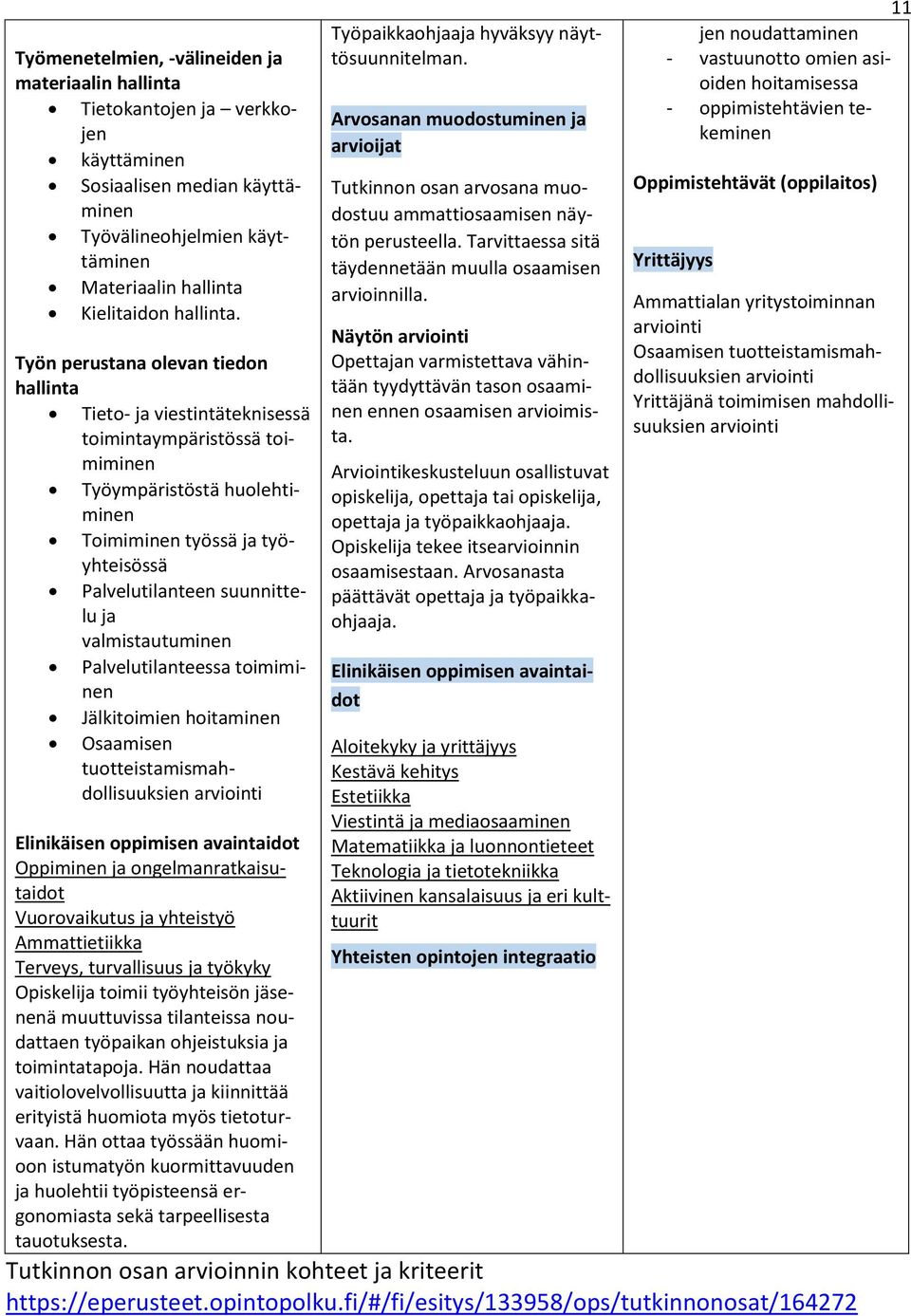 valmistautuminen Palvelutilanteessa toimiminen Jälkitoimien hoitaminen Osaamisen tuotteistamismahdollisuuksien arviointi Elinikäisen oppimisen avaintaidot Oppiminen ja ongelmanratkaisutaidot