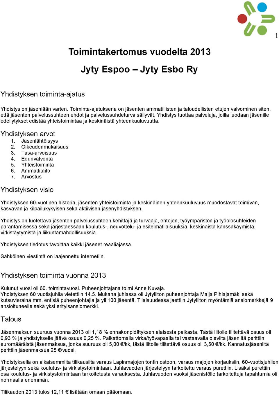 Yhdistys tuottaa palveluja, joilla luodaan jäsenille edellytykset edistää yhteistoimintaa ja keskinäistä yhteenkuuluvuutta. Yhdistyksen arvot 1. Jäsenlähtöisyys 2. Oikeudenmukaisuus 3.