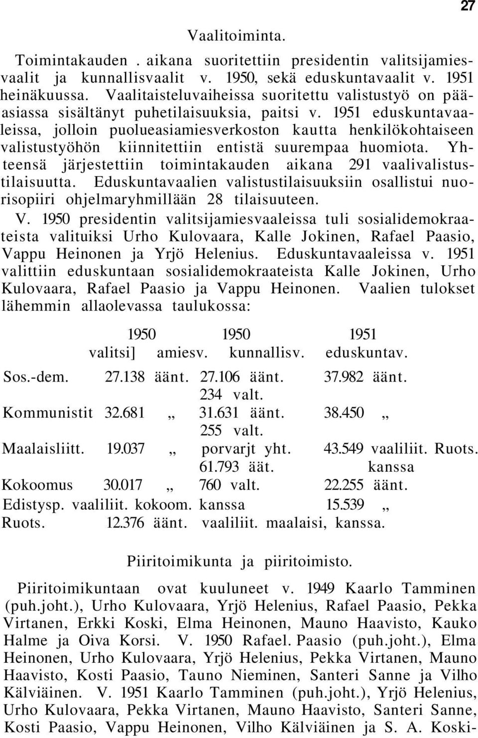 1951 eduskuntavaaleissa, jolloin puolueasiamiesverkoston kautta henkilökohtaiseen valistustyöhön kiinnitettiin entistä suurempaa huomiota.