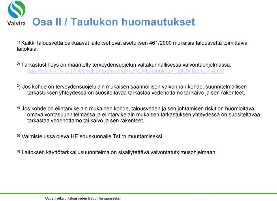 pdf 3 ) Jos kohde on terveydensuojelulain mukaisen säännöllisen valvonnan kohde, suunnitelmallisen tarkastuksen yhteydessä on suositeltavaa tarkastaa vedenottamo tai kaivo ja sen rakenteet.