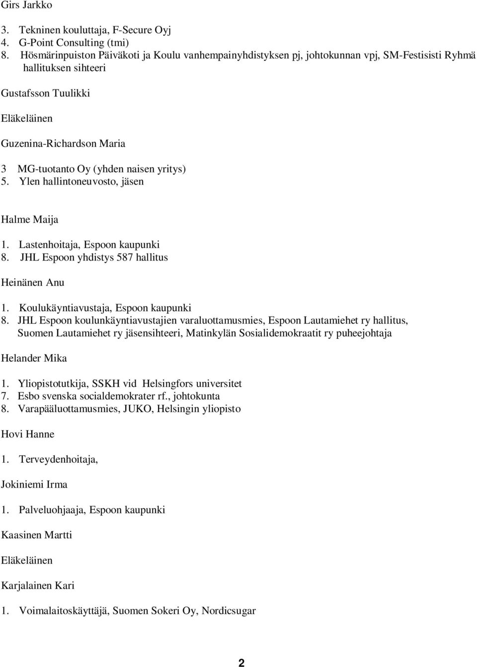 yritys) 5. Ylen hallintoneuvosto, jäsen Halme Maija 1. Lastenhoitaja, Espoon kaupunki 8. JHL Espoon yhdistys 587 hallitus Heinänen Anu 1. Koulukäyntiavustaja, Espoon kaupunki 8.