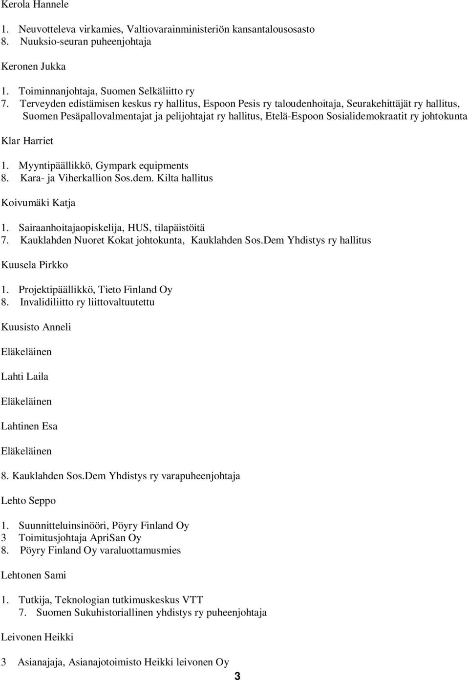 johtokunta Klar Harriet 1. Myyntipäällikkö, Gympark equipments 8. Kara- ja Viherkallion Sos.dem. Kilta hallitus Koivumäki Katja 1. Sairaanhoitajaopiskelija, HUS, tilapäistöitä 7.